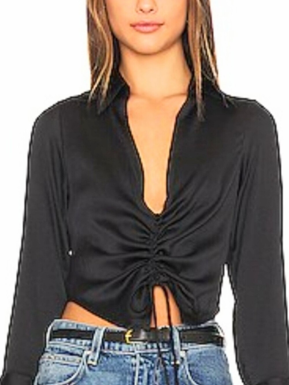 Free People Aurora Black Collared Cinced Satin Blouse Size Small
